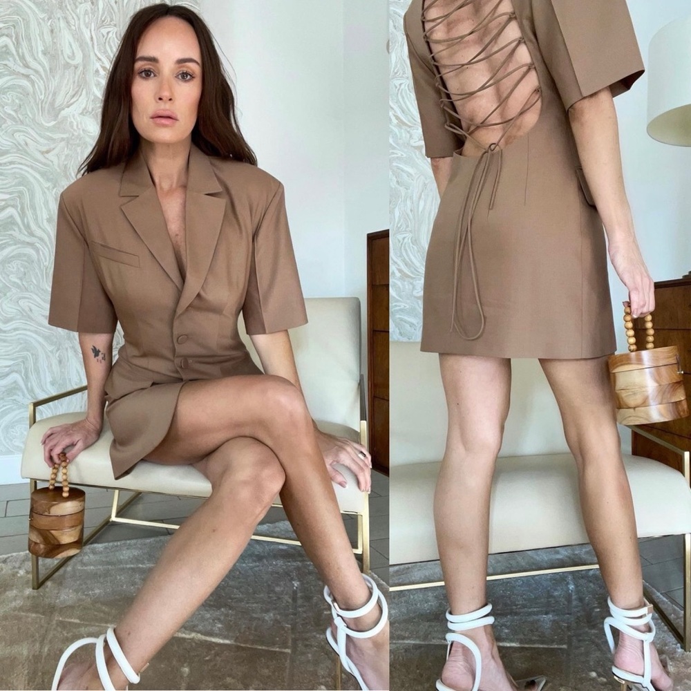 MATERIEL | Open Lace Up Back Neutral Beige Linen Blazer Dress Sz: 6